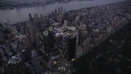 4K aerial stock footage Flying by skyscrapers, Columbus Circle, Upper West Side, New York, twilight Aerial Stock Footage | AX89_086