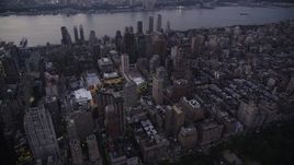 4K aerial stock footage Flying by skyscrapers, Upper West Side, New York, New York, twilight Aerial Stock Footage | AX89_087