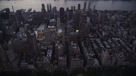 4K aerial stock footage Flying by skyscrapers, Upper West Side, New York, New York, twilight Aerial Stock Footage | AX89_088