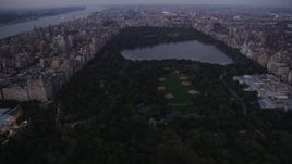 4K aerial stock footage Approaching Central Park, New York, New York, twilight Aerial Stock Footage | AX89_089