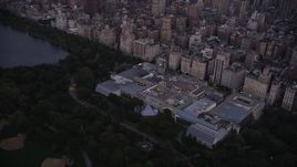 4K aerial stock footage Flying by Metropolitan Museum of Art, New York, New York, twilight Aerial Stock Footage | AX89_090