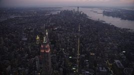 4K aerial stock footage Approaching Lower Manhattan, New York, New York, twilight Aerial Stock Footage | AX89_097