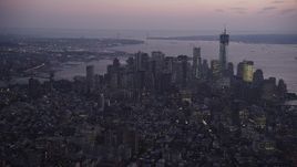 4K aerial stock footage Approaching Lower Manhattan, New York, New York, twilight Aerial Stock Footage | AX89_099