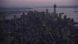 4K aerial stock footage Approaching Lower Manhattan, New York, New York, twilight Aerial Stock Footage | AX89_100