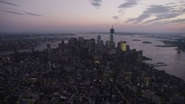 4K aerial stock footage Approaching Lower Manhattan, New York, New York, twilight Aerial Stock Footage | AX89_101