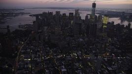 4K aerial stock footage Flying by Lower Manhattan, New York, New York, twilight Aerial Stock Footage | AX89_103