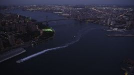 4K aerial stock footage Approaching Williamsburg Bridge, New York, New York, twilight Aerial Stock Footage | AX89_108