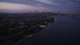 4K aerial stock footage of Midtown Manhattan, East River, Lower East Side, New York, twilight Aerial Stock Footage | AX89_111