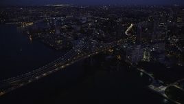 4K aerial stock footage Approaching Manhattan Bridge, Brooklyn, New York, New York, sunset Aerial Stock Footage | AX89_124