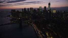 4K aerial stock footage Approaching Lower Manhattan, New York, New York, twilight Aerial Stock Footage | AX89_129