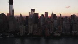 4K aerial stock footage Flying by Lower Manhattan, New York, New York, sunrise Aerial Stock Footage | AX90_005