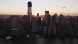 4K aerial stock footage Flying by World Trade Center, Lower Manhattan, New York, New York, sunrise Aerial Stock Footage | AX90_006