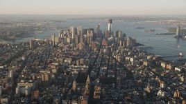 4K aerial stock footage Approaching Lower Manhattan, seen from Chelsea, New York, New York, sunrise Aerial Stock Footage | AX90_090