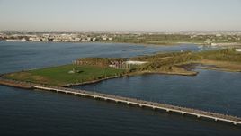 4K aerial stock footage Approaching Liberty State Park, Jersey City, New Jersey, sunrise Aerial Stock Footage | AX90_151