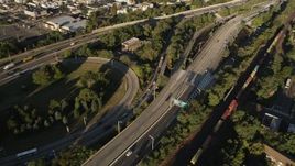 4K aerial stock footage Approaching New Jersey Turnpike Extension, Jersey City, New Jersey, sunrise Aerial Stock Footage | AX90_167