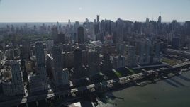 4K aerial stock footage pan acrossMidtown Manhattan and Upper West Side skyscrapers, New York Aerial Stock Footage | AX91_007