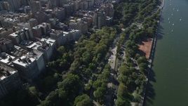 4K aerial stock footage of flying away from Henry Hudson Parkway, Upper West Side, New York, New York Aerial Stock Footage | AX91_012