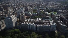 4K aerial stock footage of passing by apartment buildings and Columbia University, Morningside Heights, New York Aerial Stock Footage | AX91_014