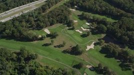 4K aerial stock footage of flying over Pelham Split Rock Golf Course in The Bronx, New York Aerial Stock Footage | AX91_028