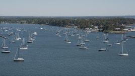 4K aerial stock footage of flying by sailboats near the coast, Rye, New York Aerial Stock Footage | AX91_041