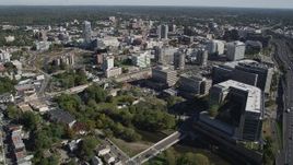 4K aerial stock footage of approaching office buildings in Downtown Stamford, Connecticut Aerial Stock Footage | AX91_074