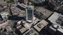 4K aerial stock footage of approaching an office building, tilt to bird's eye view in Downtown Stamford, Connecticut Aerial Stock Footage | AX91_077