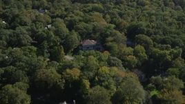 4K aerial stock footage of flying over mansions partially hidden by forest in Darien, Connecticut Aerial Stock Footage | AX91_086