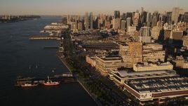 4K aerial stock footage Approaching West Side Yard, Chelsea, New York, New York, sunset Aerial Stock Footage | AX93_006