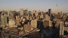 4K aerial stock footage Flying by Midtown Manhattan, from Hudson River, New York, New York, sunset Aerial Stock Footage | AX93_007