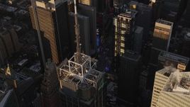 4K aerial stock footage Flying by Times Square, Midtown Manhattan skyscrapers, New York, sunset Aerial Stock Footage | AX93_047