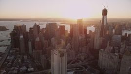 4K aerial stock footage Flying by Lower Manhattan, New York, New York, sunset Aerial Stock Footage | AX93_084
