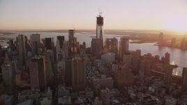 4K aerial stock footage Flying by Lower Manhattan, New York, New York, sunset Aerial Stock Footage | AX93_085
