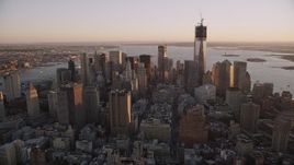 4K aerial stock footage Flying by Lower Manhattan, New York, New York, sunset Aerial Stock Footage | AX93_086