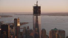 4K aerial stock footage of Freedom Tower, One World Trade Center, Lower Manhattan, New York, sunset Aerial Stock Footage | AX93_087