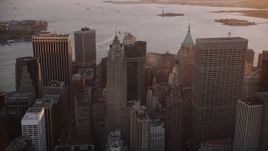 4K aerial stock footage Flying by 70 Pine Street, Lower Manhattan, New York, New York, sunset Aerial Stock Footage | AX93_092