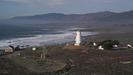 5K aerial stock footage approach and flyby Point Piedras Blancas lighthouse, San Simeon, California Aerial Stock Footage | AXSF03_055