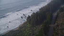 5K aerial stock footage follow Highway 1 past Kirk Creek Campground, Big Sur, California Aerial Stock Footage | AXSF03_088