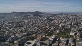 5K aerial stock footage flyby City Hall toward Western Addition urban neighborhoods and Mount Sutro, San Francisco, California Aerial Stock Footage | AXSF05_011