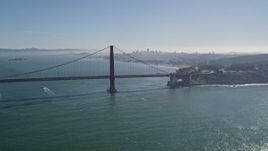 5K aerial stock footage Flying by Golden Gate Bridge, downtown skyline in the background, San Francisco, California Aerial Stock Footage | AXSF05_031