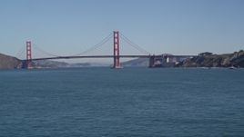 5K aerial stock footage of tilting from water to reveal the famous Golden Gate Bridge, San Francisco, California Aerial Stock Footage | AXSF05_059