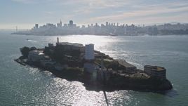 5K aerial stock footage orbit famous Alcatraz, reveal city skyline, Downtown San Francisco, California Aerial Stock Footage | AXSF05_068