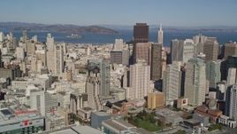 5K aerial stock footage flying by Financial District skyscrapers, reveal Coit Tower, San Francisco, California Aerial Stock Footage | AXSF05_072