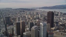 5K aerial stock footage of flying by downtown skyscrapers with the Golden Gate in the distance, Downtown San Francisco, California Aerial Stock Footage | AXSF06_023