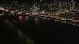 5K aerial stock footage tilt from bay to reveal Bay Bridge and Downtown San Francisco skyscrapers, California, night Aerial Stock Footage | AXSF07_015