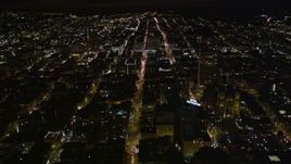 5K aerial stock footage following California Street past Huntington Hotel, Grace Cathedral, in Nob Hill, San Francisco, California, night Aerial Stock Footage | AXSF07_018