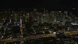5K aerial stock footage pan across Downtown San Francisco cityscape, California, night Aerial Stock Footage | AXSF07_021