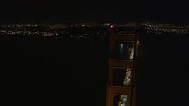 5K aerial stock footage orbiting a tower on the Golden Gate Bridge, San Francisco, California, night Aerial Stock Footage | AXSF07_045