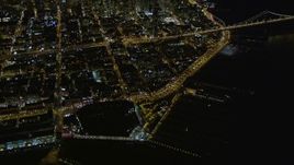 5K aerial stock footage of tilting from AT&T Park to reveal skyscrapers in Downtown San Francisco, California, night Aerial Stock Footage | AXSF07_075