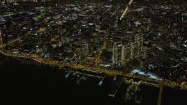 5K aerial stock footage high altitude view of Ferry Building, Downtown San Francisco, California, night Aerial Stock Footage | AXSF07_079