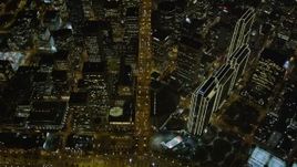 5K aerial stock footage of a bird's eye of Ferry Building, Embarcadero, Market St, Downtown San Francisco, night Aerial Stock Footage | AXSF07_080